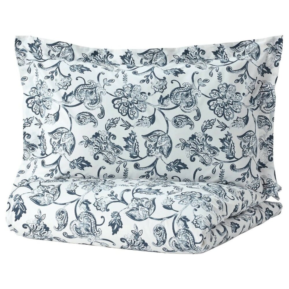 Ikea JUNIMAGNOLIA Twin Duvet cover and pillowcas white/dark blue - NEW